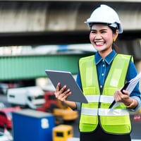 female Construction worker looking happy while reviewing data in a report on a tablet