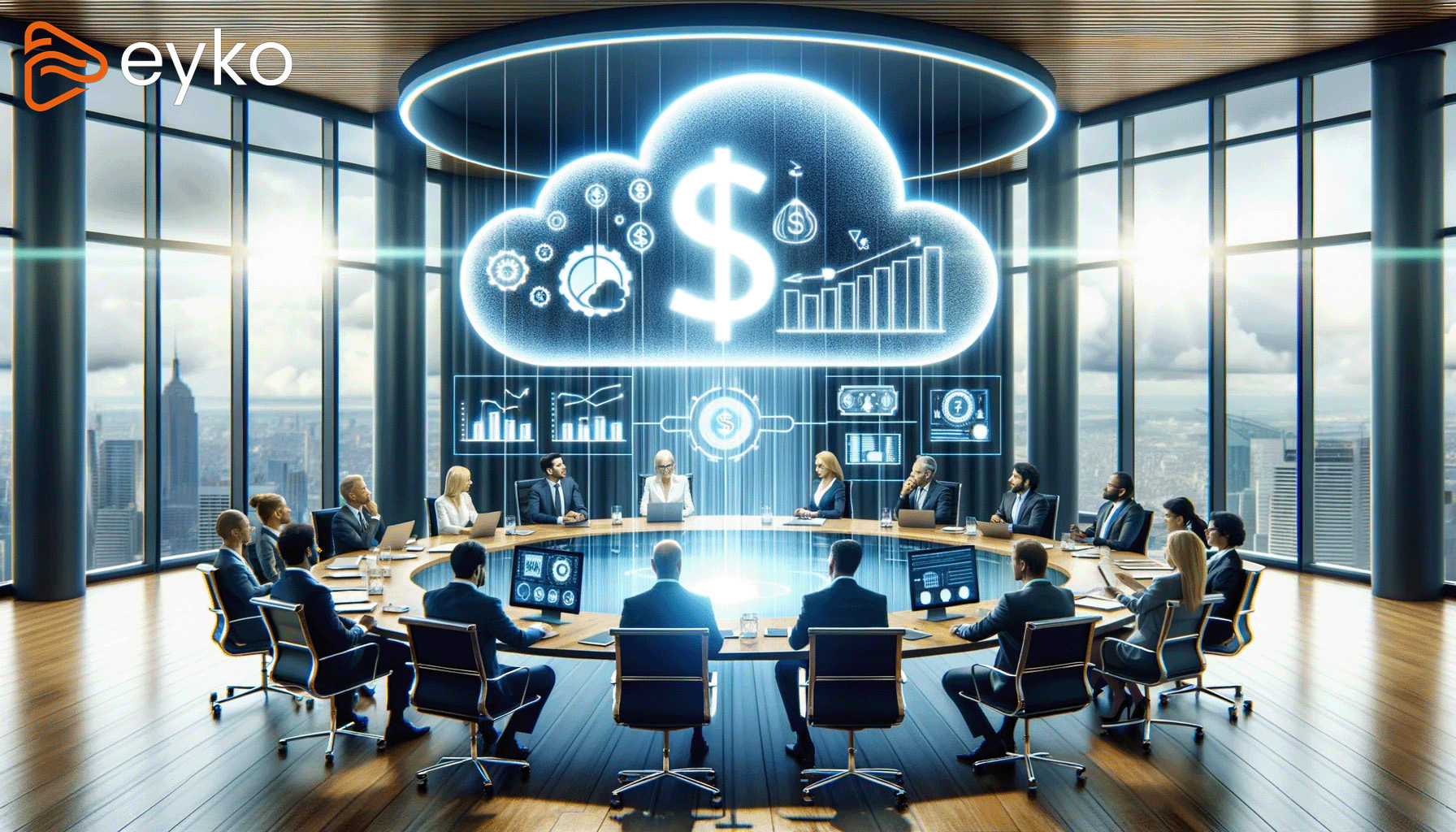 DALL·E 2023-10-31 10.55.33 - Photo-realistic image of a large, brightly lit corporate boardroom. At the center of the room is a round table with a 3D holographic_w Logo